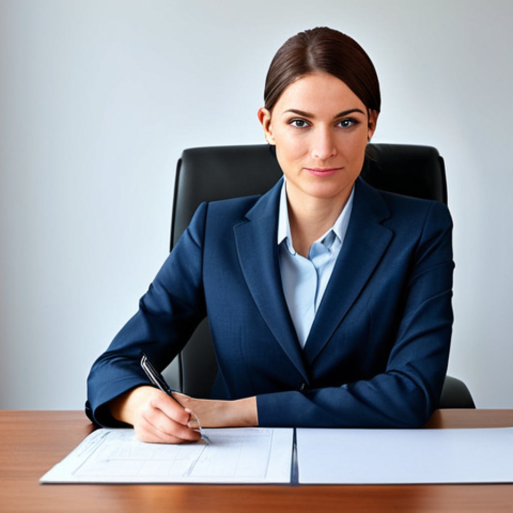 ** A professional businesswoman in a modest business suit, sitting at a desk in a modern office, fully clothed, appropriate attire, safe for work, perfect anatomy, natural proportions, professional photography, high quality.

**