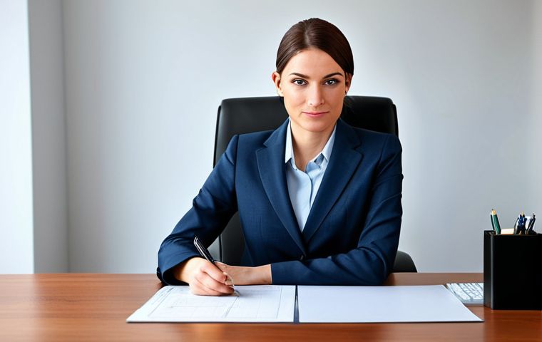 ** A professional businesswoman in a modest business suit, sitting at a desk in a modern office, fully clothed, appropriate attire, safe for work, perfect anatomy, natural proportions, professional photography, high quality.

**
