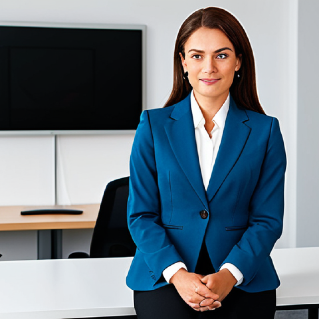 A professional businesswoman in a modest business suit, sitting at a desk in a modern office, fully clothed, appropriate attire, safe for work, perfect anatomy, natural proportions, professional photography, high quality
