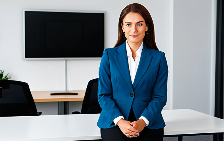 A professional businesswoman in a modest business suit, sitting at a desk in a modern office, fully clothed, appropriate attire, safe for work, perfect anatomy, natural proportions, professional photography, high quality