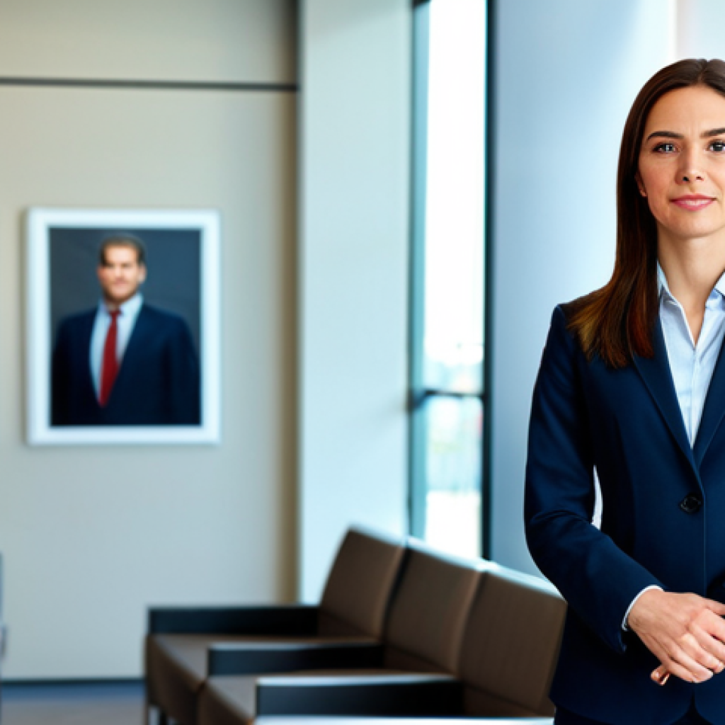 ** A professional businesswoman in a modest business suit, standing confidently in a modern office lobby.  She is fully clothed in appropriate attire.  The background includes blurred office workers and contemporary art.  Safe for work, perfect anatomy, correct proportions, professional photography, high quality, family-friendly.

**