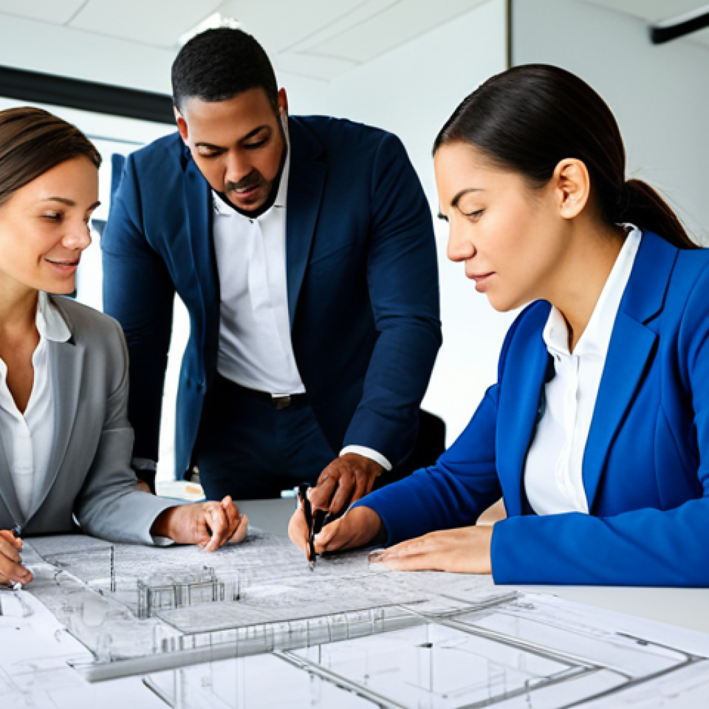 **Image Prompt:** A professional female architect in a modern office, reviewing blueprints with a diverse team, fully clothed in appropriate business attire, safe for work, perfect anatomy, natural pose, professional, modest, family-friendly, well-lit, high resolution.