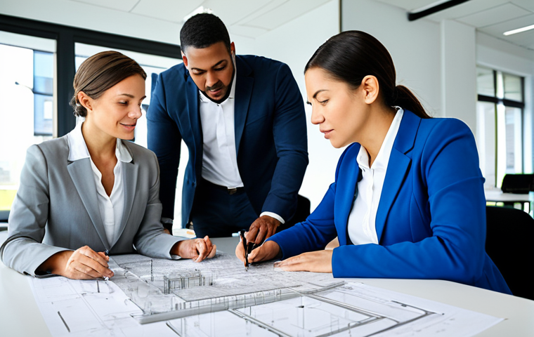 **Image Prompt:** A professional female architect in a modern office, reviewing blueprints with a diverse team, fully clothed in appropriate business attire, safe for work, perfect anatomy, natural pose, professional, modest, family-friendly, well-lit, high resolution.