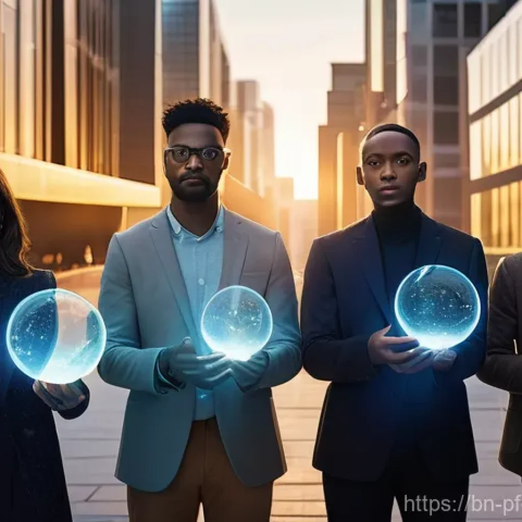 경력 전환을 위한 포트폴리오 디자인 팁 - **Prompt:** A diverse group of young professionals, casually dressed yet looking determined, stand a...