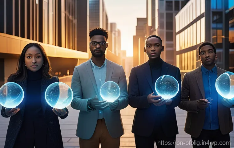 경력 전환을 위한 포트폴리오 디자인 팁 - **Prompt:** A diverse group of young professionals, casually dressed yet looking determined, stand a...