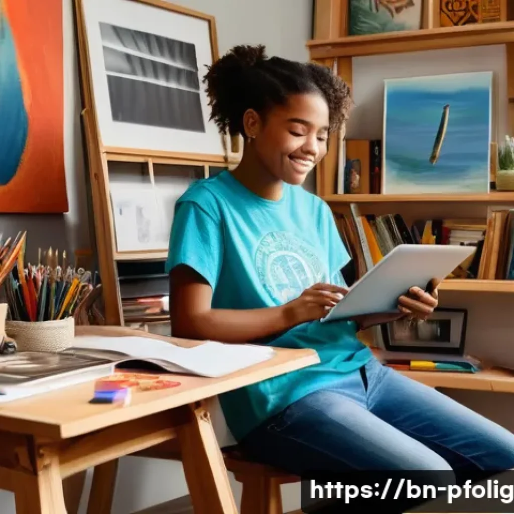 포트폴리오 경력 디자인의 성공적인 사례 - **Prompt:** A vibrant and inspiring image of a young adult, approximately 18-22 years old, with a ge...