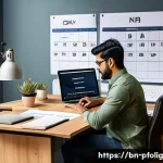 Home 21 포트폴리오 경력 디자인을 위한 시간 투자 전략 - A professional Bengali man working diligently at a modern desk with a laptop and planner, creating a...