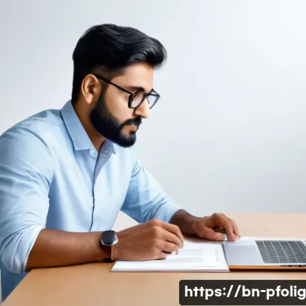 포트폴리오 경력 디자인의 법적 측면 - A professional Bengali graphic designer in a modern studio, carefully reviewing a digital portfolio ...