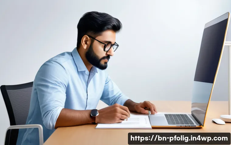 포트폴리오 경력 디자인의 법적 측면 - A professional Bengali graphic designer in a modern studio, carefully reviewing a digital portfolio ...