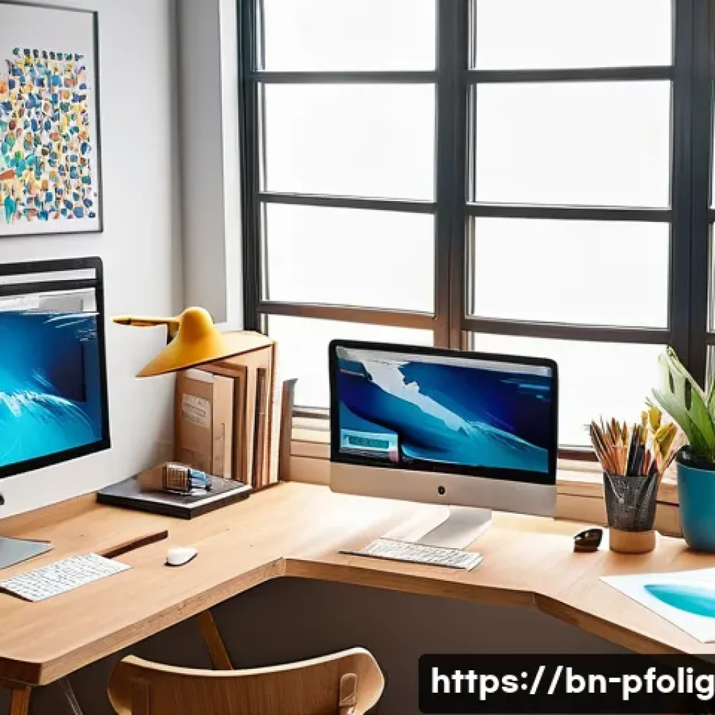 디자인 직무별 포트폴리오 경력 전략 - A professional graphic designer’s portfolio workspace set in a modern, bright studio with a large wo...