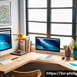 Home 18 디자인 직무별 포트폴리오 경력 전략 - A professional graphic designer’s portfolio workspace set in a modern, bright studio with a large wo...