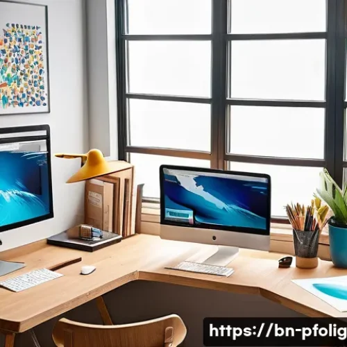 Home 30 디자인 직무별 포트폴리오 경력 전략 - A professional graphic designer’s portfolio workspace set in a modern, bright studio with a large wo...