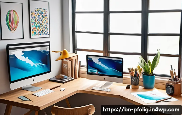 디자인 직무별 포트폴리오 경력 전략 - A professional graphic designer’s portfolio workspace set in a modern, bright studio with a large wo...