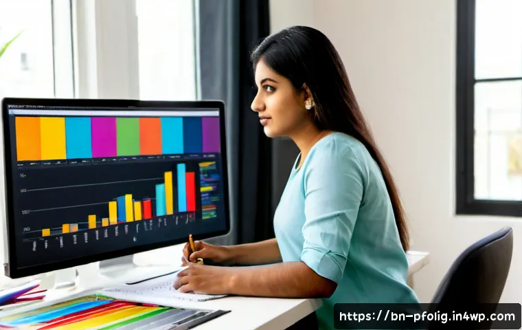 포트폴리오 경력 디자인에서의 데이터 시각화 - Photorealistic professional designer reviewing a portfolio dashboard on a large desktop monitor, cle...